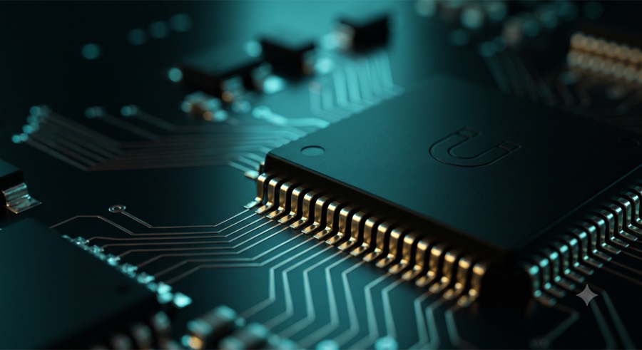 Macro de placa de circuito com chip em destaque em tons esverdeados