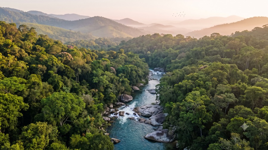 Floresta preservada e rio limpo ao redor de área de mineração